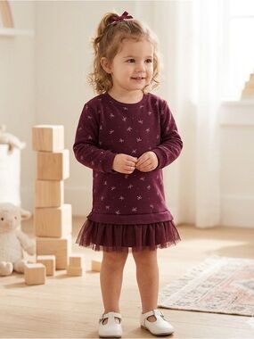 Girls Maroon Bow-Print Long Sleeve Top with Tulle Hem